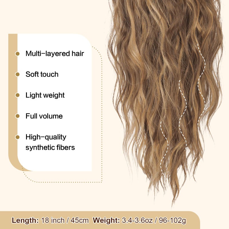 FESHFEN Ponytail Extensions - Drawstring Ponytails Hair Extension Long Curly Wavy Hair Piece Synthetic Pony Tail Hairpieces for Women, Golden Brown Mix Blonde 18 inch - Image 4