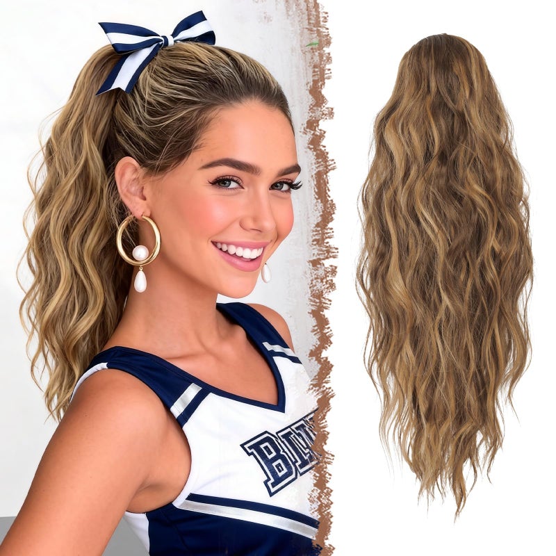 FESHFEN Ponytail Extensions - Drawstring Ponytails Hair Extension Long Curly Wavy Hair Piece Synthetic Pony Tail Hairpieces for Women, Golden Brown Mix Blonde 18 inch - Image 1