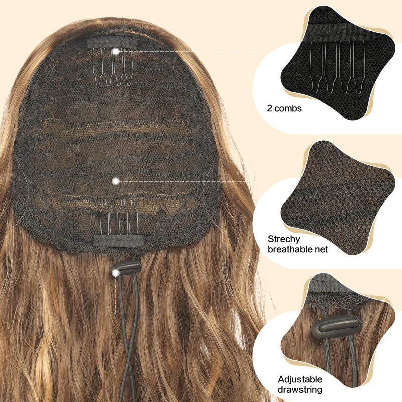 FESHFEN Ponytail Extensions - Drawstring Ponytails Hair Extension Long Curly Wavy Hair Piece Synthetic Pony Tail Hairpieces for Women, Golden Brown Mix Blonde 18 inch - Image 3
