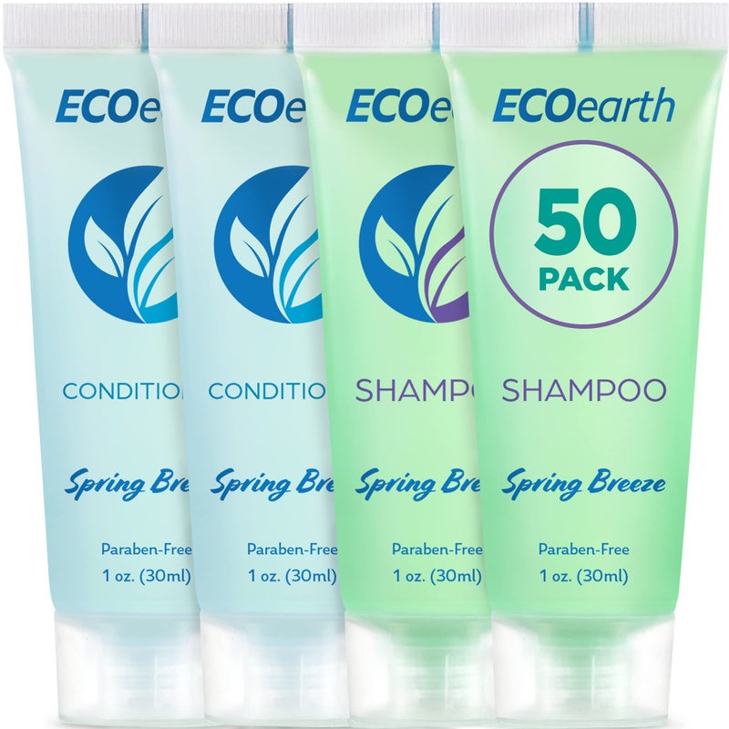 EcoEarth Travel Shampoo and Conditioner Set 1 fl oz 100 Pieces Spring Breeze Delight Your Guests with a Revitalizing and Refreshing Hotel Toiletries and Guest Hospitality in Bulk