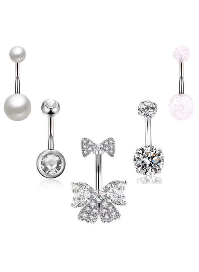 إينوشا مجموعة 5 قطع من إبر السرة القصيرة من الاستانلس ستيل - مرصعة بكريستال فضي براق بتصميم فراشة أنيق - Image 1