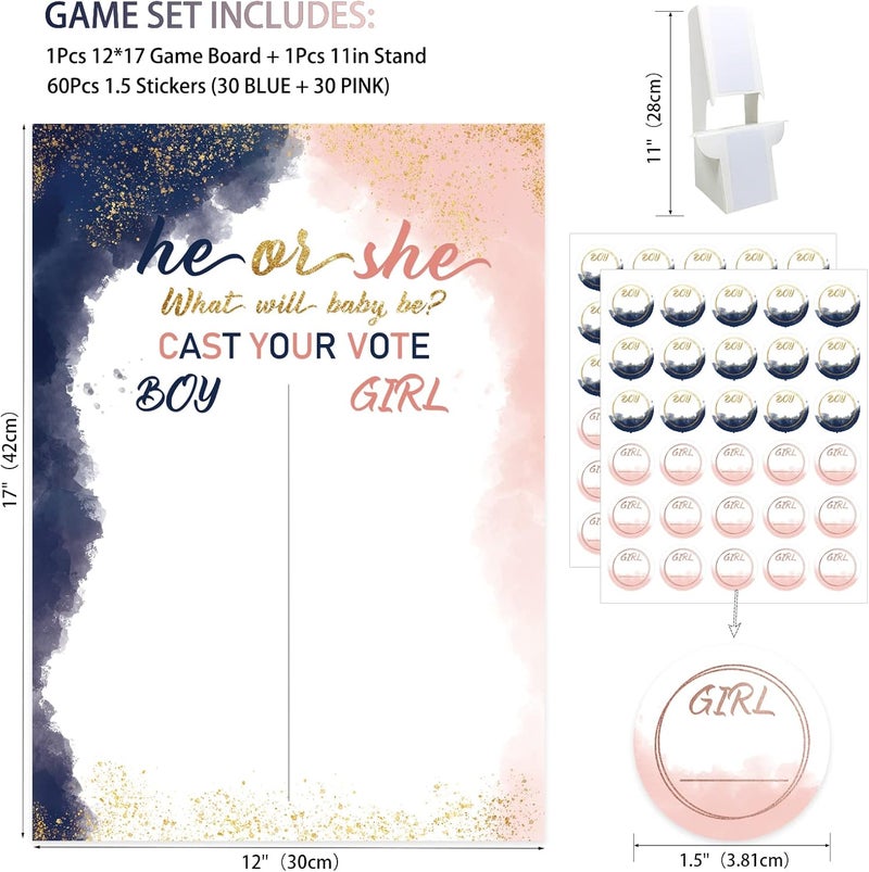 ARS Navy Blush Watercolor Baby Gender Reveal Board with Stand(12x17), 60 Rose Gold Navy Blue Boy Girl Voting Stickers, He or She, Cast Your Vote Guess Game, Gender Reveal Party Centerpiece Decorations - Image 3