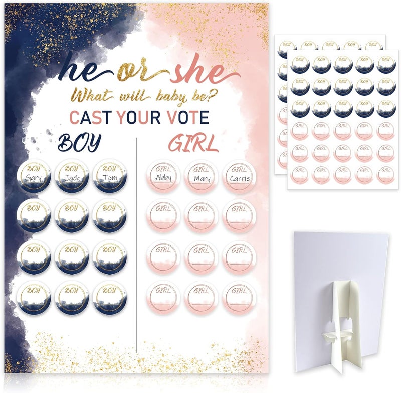 ARS Navy Blush Watercolor Baby Gender Reveal Board with Stand(12x17), 60 Rose Gold Navy Blue Boy Girl Voting Stickers, He or She, Cast Your Vote Guess Game, Gender Reveal Party Centerpiece Decorations - Image 1