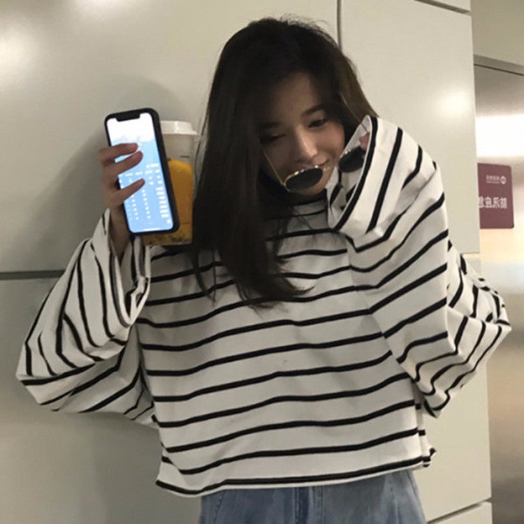 Black and White Striped Long-sleeved Student Base T-shirt Womens Striped T-shirt Womens New Blended Cotton Korean Style Loose Round Neck All-match Black - Image 3