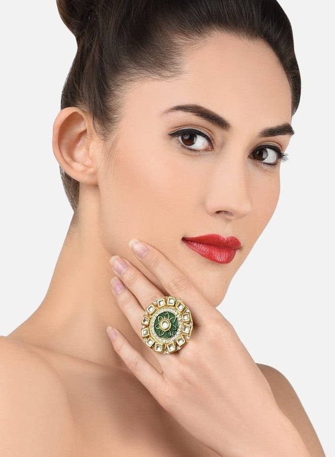 ZAVERI PEARLS Green Meenakari Flower Ethnic Kundan Adjustable Finger Ring For Women-ZPFK11539 - Image 3