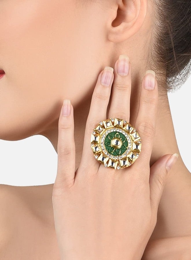 ZAVERI PEARLS Green Meenakari Flower Ethnic Kundan Adjustable Finger Ring For Women-ZPFK11539 - Image 5