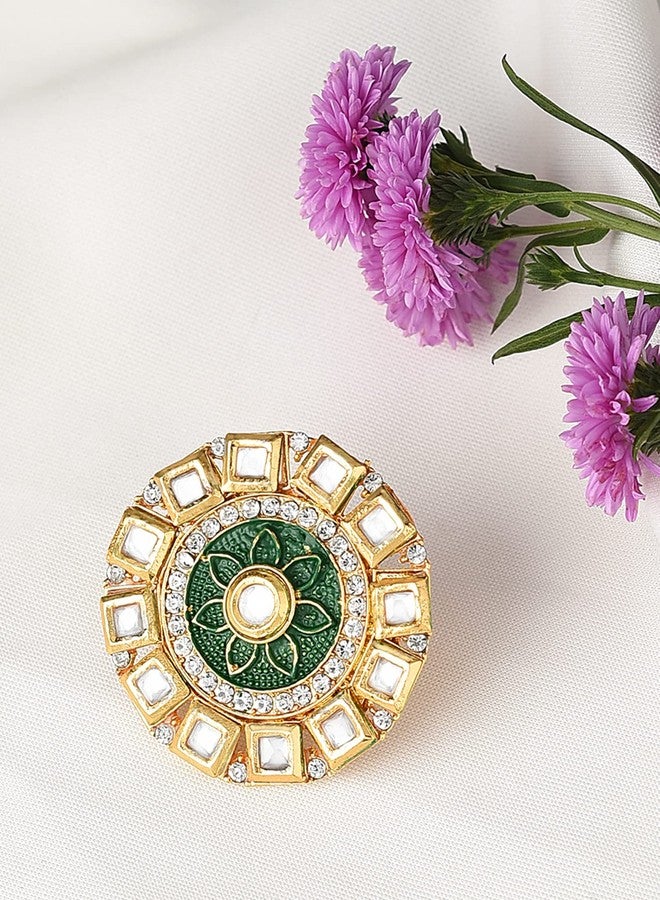 ZAVERI PEARLS Green Meenakari Flower Ethnic Kundan Adjustable Finger Ring For Women-ZPFK11539 - Image 2