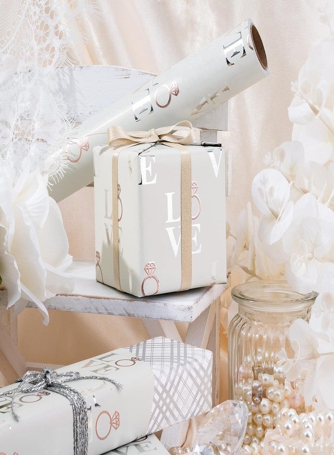 LeZakaa Reversible Wedding Wrapping Paper Roll - Love with Ring & Plaid Design Silver Foil for Wedding, Engagement, Bridal Shower, Anniversay, Valentine's Day - 17 inches x 32.8 Feet - Image 2