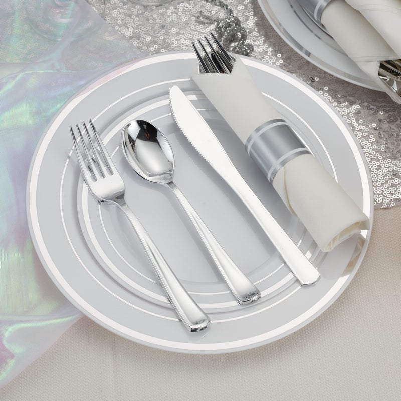 ISFANGCO 50 Pack Pre Rolled Silver Plastic Silverware Set with Napkins Disposable Wrapped Heavy Duty Cutlery Set for Wedding Birthday Party-50 Forks Knives Spoons Napkins Utensils Set Plasticware Bulk - Image 4