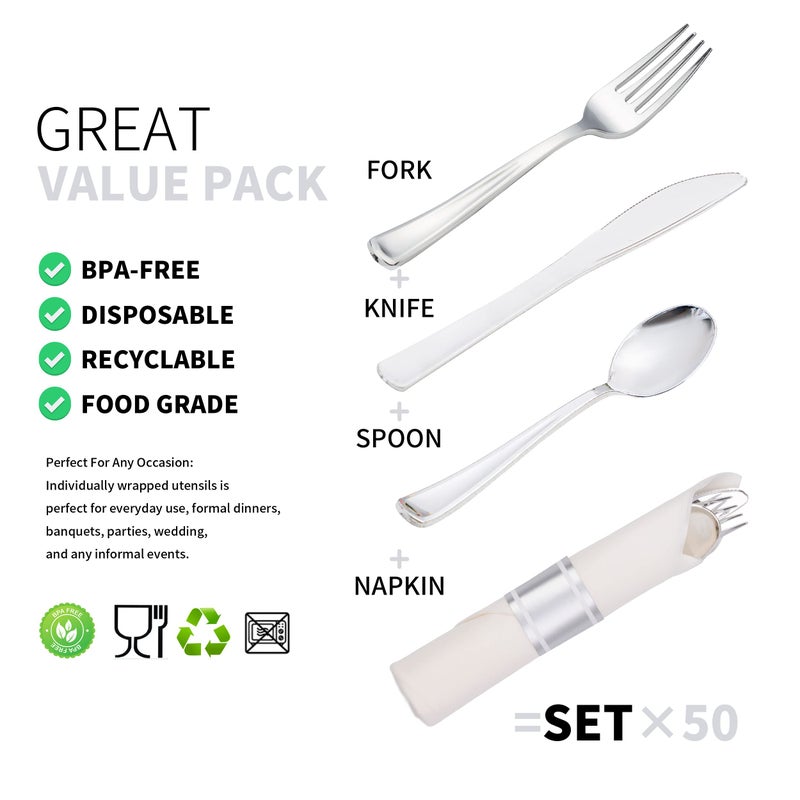 ISFANGCO 50 Pack Pre Rolled Silver Plastic Silverware Set with Napkins Disposable Wrapped Heavy Duty Cutlery Set for Wedding Birthday Party-50 Forks Knives Spoons Napkins Utensils Set Plasticware Bulk - Image 3