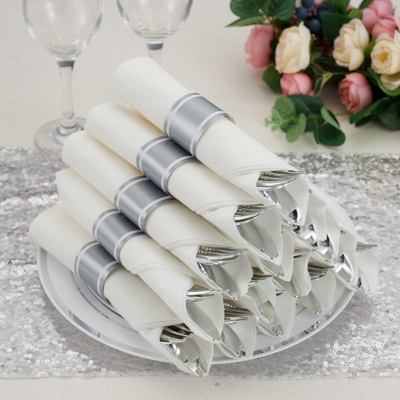 ISFANGCO 50 Pack Pre Rolled Silver Plastic Silverware Set with Napkins Disposable Wrapped Heavy Duty Cutlery Set for Wedding Birthday Party-50 Forks Knives Spoons Napkins Utensils Set Plasticware Bulk - Image 5