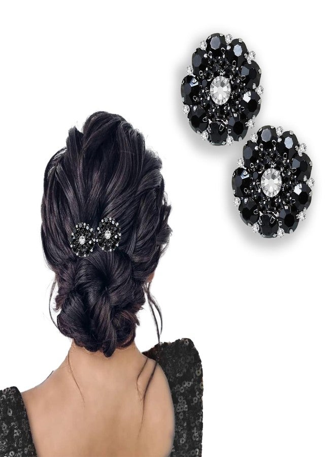 LYKAA Hair Clip Juda Bun Stylish Black Crystal Ponytail Holder for Thick Hair Ties Scrunchies Rhinestone French Barrette Fancy Hair Clips Strachable Back Pin Bridal Wedding Hair Accessories for Women & Girls (2 Pcs, Black) - Image 1