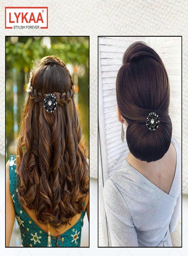LYKAA Hair Clip Juda Bun Stylish Black Crystal Ponytail Holder for Thick Hair Ties Scrunchies Rhinestone French Barrette Fancy Hair Clips Strachable Back Pin Bridal Wedding Hair Accessories for Women & Girls (2 Pcs, Black) - Image 4