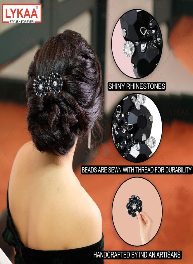 LYKAA Hair Clip Juda Bun Stylish Black Crystal Ponytail Holder for Thick Hair Ties Scrunchies Rhinestone French Barrette Fancy Hair Clips Strachable Back Pin Bridal Wedding Hair Accessories for Women & Girls (2 Pcs, Black) - Image 3