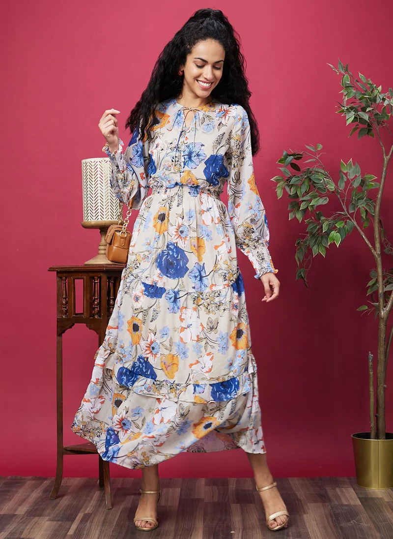 globus Globus Women White Floral Printed Tie-Up Neck Bishop Sleeves Georgette Maxi Dress With Slip