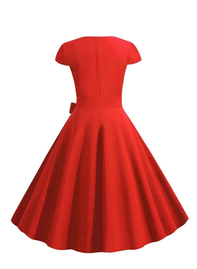 Loquat Retro Women's Sleeve Wrap Solid Belt Large Swing Dress Red  - Image 3
