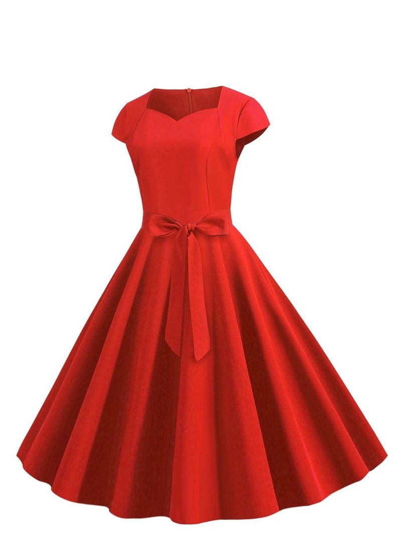 Loquat Retro Women's Sleeve Wrap Solid Belt Large Swing Dress Red  - Image 2
