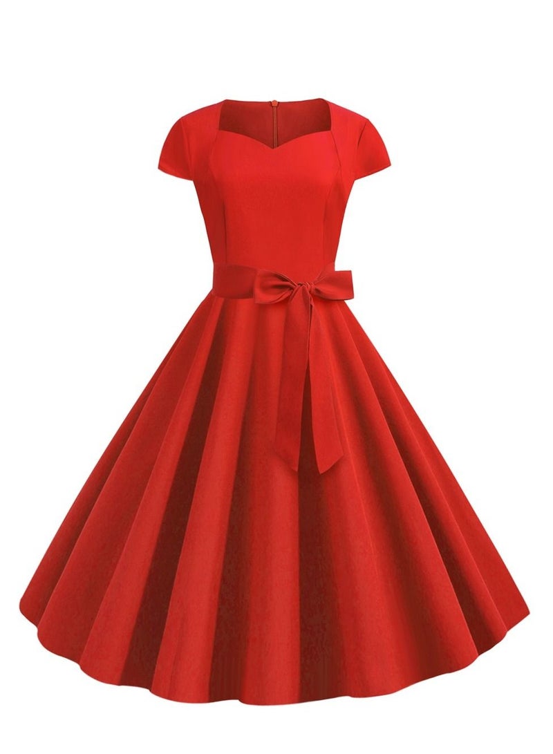 Loquat Retro Women's Sleeve Wrap Solid Belt Large Swing Dress Red  - Image 1