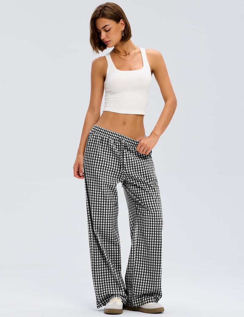 LOMON Wide Leg Pants Woman Gingham Spring Summer Pajamas 2026 Plaid Pj Lounge Boxer Bottoms Palazzo Flowy Comfy Checkered Teacher Trousers (Black Plaid, L) - Image 3