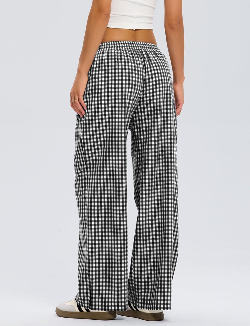 LOMON Wide Leg Pants Woman Gingham Spring Summer Pajamas 2026 Plaid Pj Lounge Boxer Bottoms Palazzo Flowy Comfy Checkered Teacher Trousers (Black Plaid, L) - Image 5