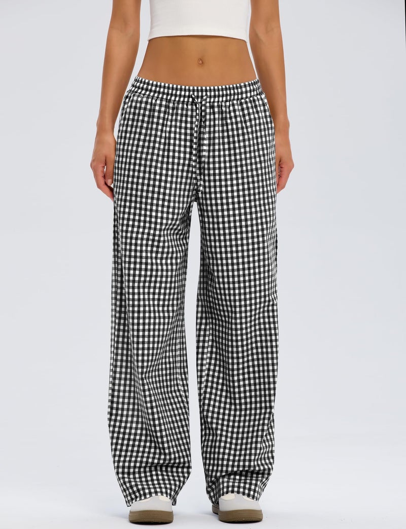 LOMON Wide Leg Pants Woman Gingham Spring Summer Pajamas 2026 Plaid Pj Lounge Boxer Bottoms Palazzo Flowy Comfy Checkered Teacher Trousers (Black Plaid, L) - Image 4