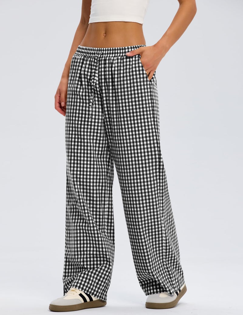 LOMON Wide Leg Pants Woman Gingham Spring Summer Pajamas 2026 Plaid Pj Lounge Boxer Bottoms Palazzo Flowy Comfy Checkered Teacher Trousers (Black Plaid, L) - Image 2