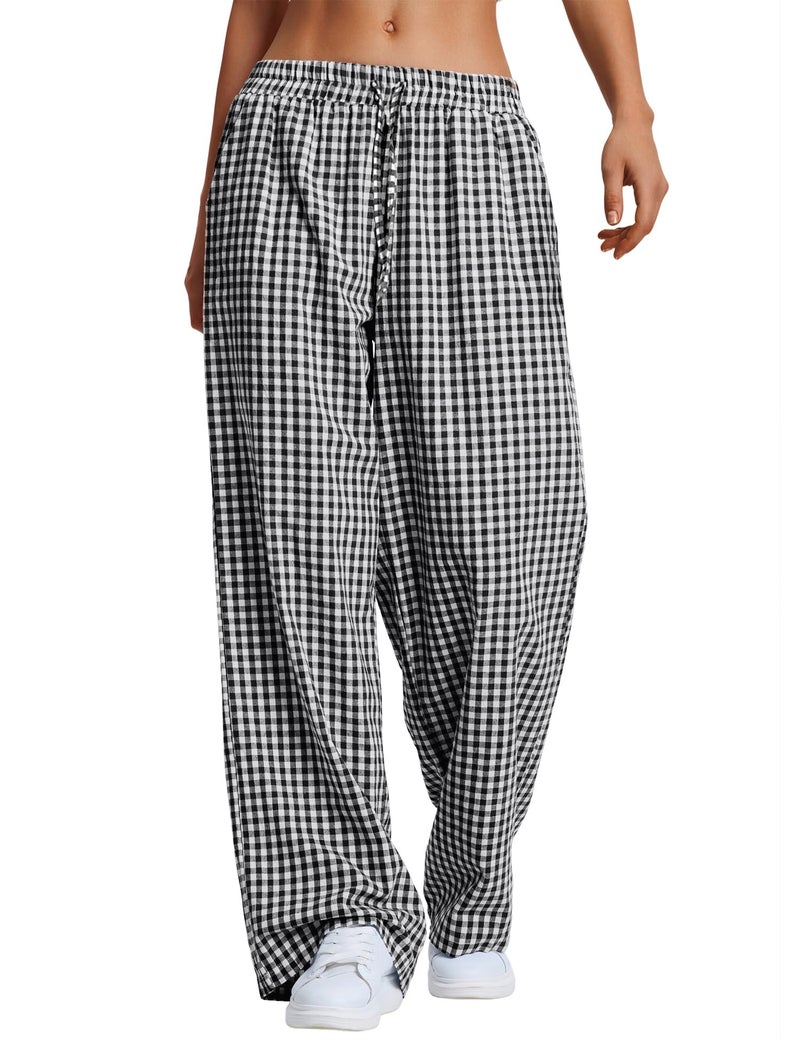 LOMON Wide Leg Pants Woman Gingham Spring Summer Pajamas 2026 Plaid Pj Lounge Boxer Bottoms Palazzo Flowy Comfy Checkered Teacher Trousers (Black Plaid, L) - Image 1
