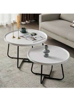 Round Coffee Side Tables Marble Living Room End Tables Metal Small Stackable Nesting Tables Combination for Office Furniture- Set of 2