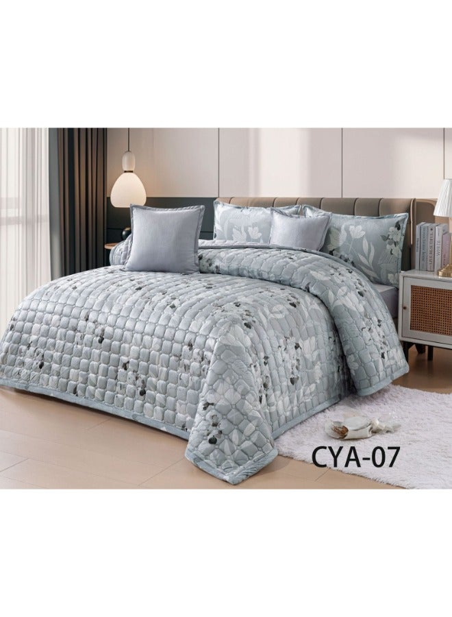 7-Piece Double Bedspread – Light Grey with Elegant Floral Design