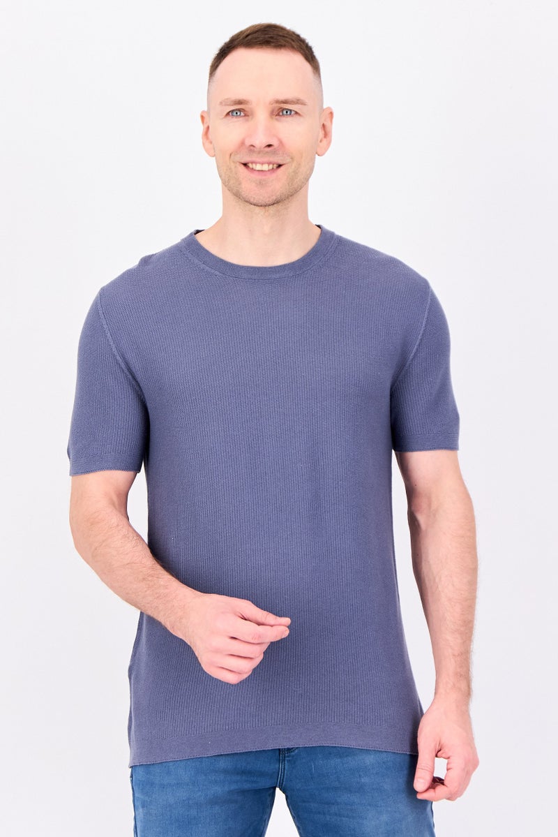 Reserved Men Crew Neck Short Sleeve Textured T-Shirt, Slate Blue - Image 1