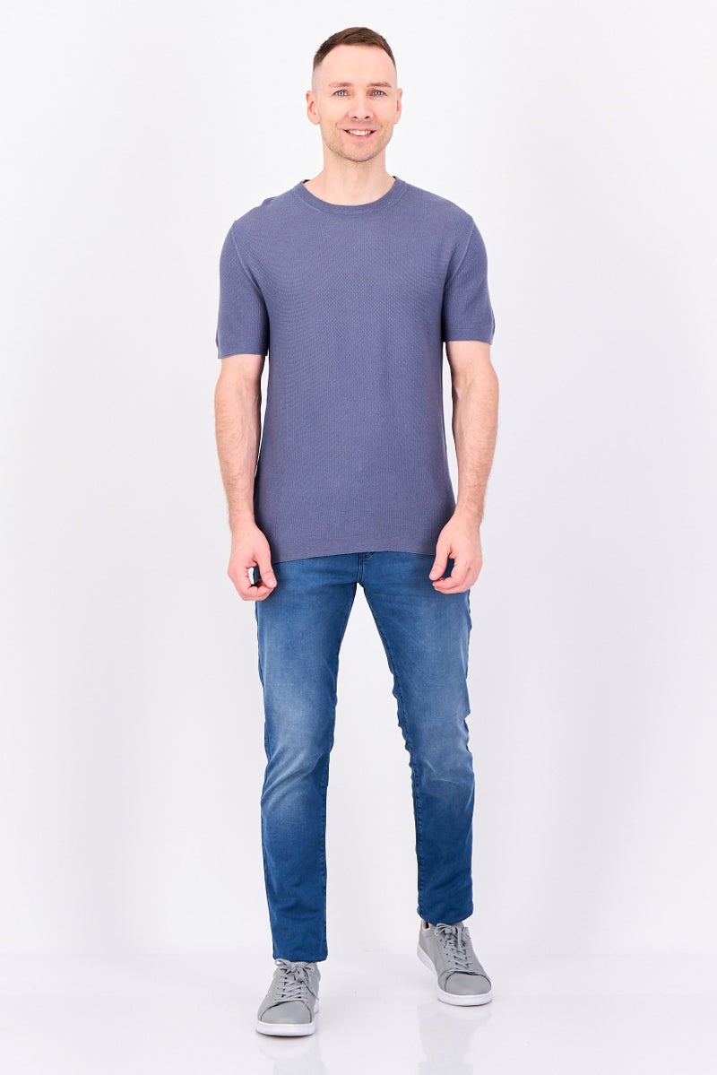 Reserved Men Crew Neck Short Sleeve Textured T-Shirt, Slate Blue - Image 2