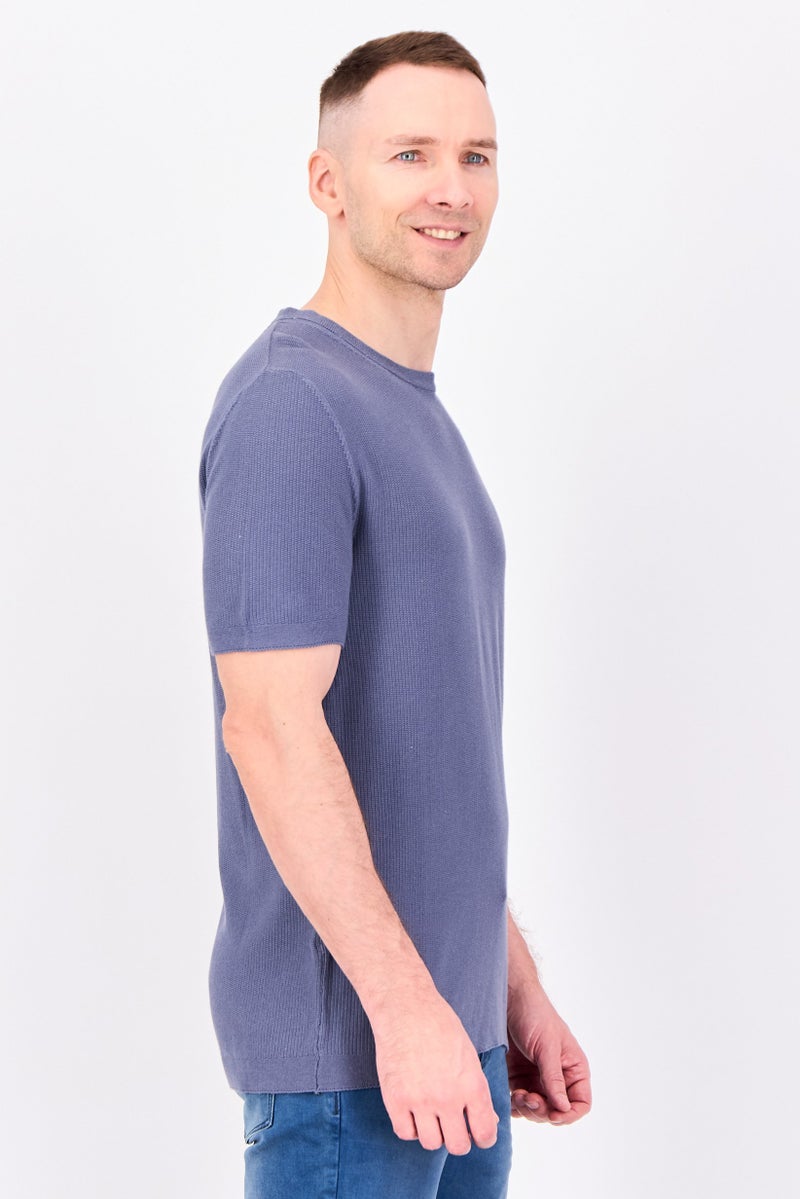 Reserved Men Crew Neck Short Sleeve Textured T-Shirt, Slate Blue - Image 3