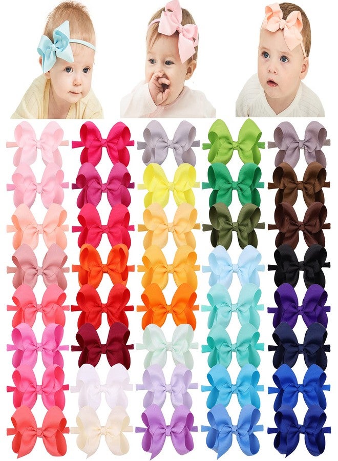 jollybows 40pcs 4inches Baby Girls Grosgrain Ribbon Hair Bows Headbands Nylon Elastic Hair Band Hair Accessories for Infants Newborn - Image 1