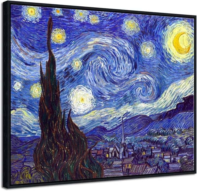 Pyradecor Large Black Framed Starry Night Van Gogh Oil Paintings Reproduction Canvas Prints - Image 1