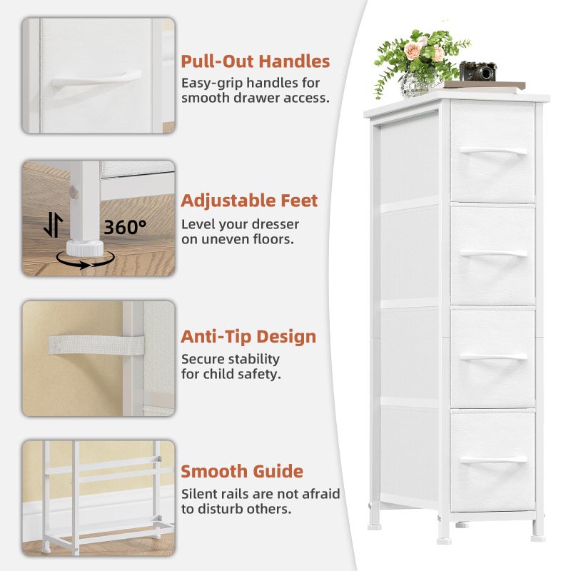 Somdot Narrow Dresser with 4 Drawers, Slim Storage Organizer Chest of Drawers with Removable Fabric Drawers for Small Spaces Bathroom Closet Bedroom Laundry, White Leather - Image 5