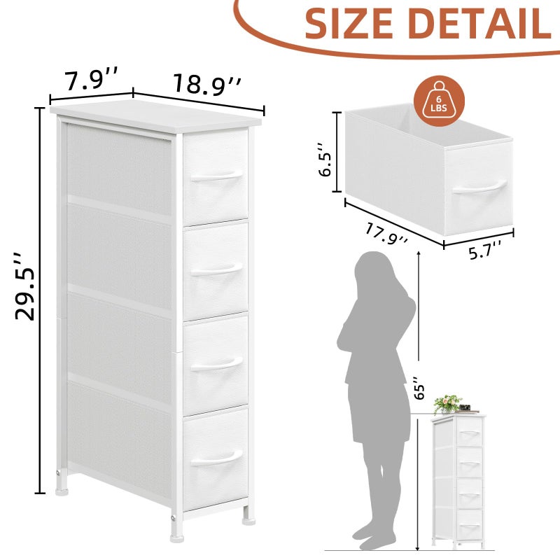 Somdot Narrow Dresser with 4 Drawers, Slim Storage Organizer Chest of Drawers with Removable Fabric Drawers for Small Spaces Bathroom Closet Bedroom Laundry, White Leather - Image 3