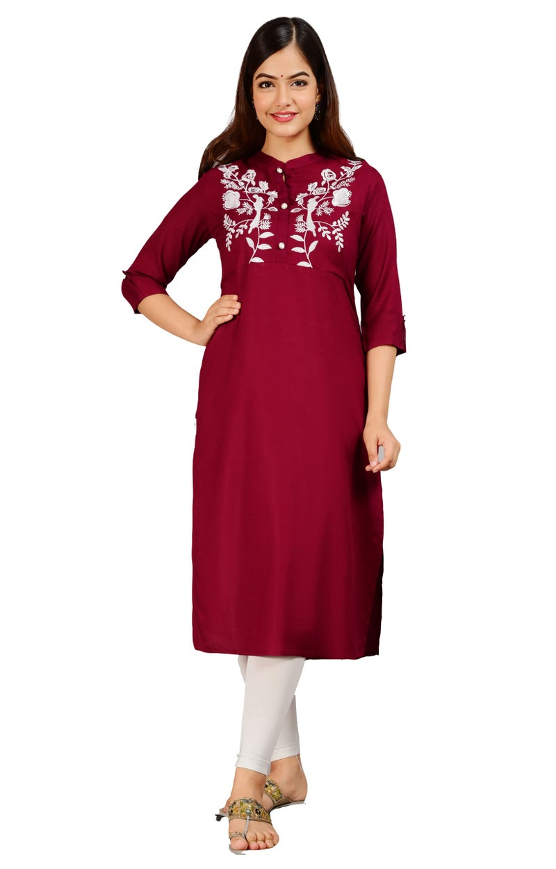 NEW4U Women's Regular Fit Rayon Straight Buttoned Kurta | Designer Printed Kurti/Casual Dailywear for Girls & Women (Maroon) - Image 1