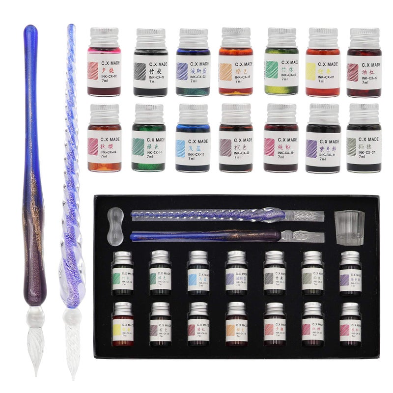 AXEARTE Glass Dip Calligraphy Pen Set, 18-Pieces 14 Color Inks, Pen Holder, Cleaning Cup, 2 Crystal Glass Pens for Art, Writing, Drawing, Signatures, Gift for Kids and Artist - Image 1