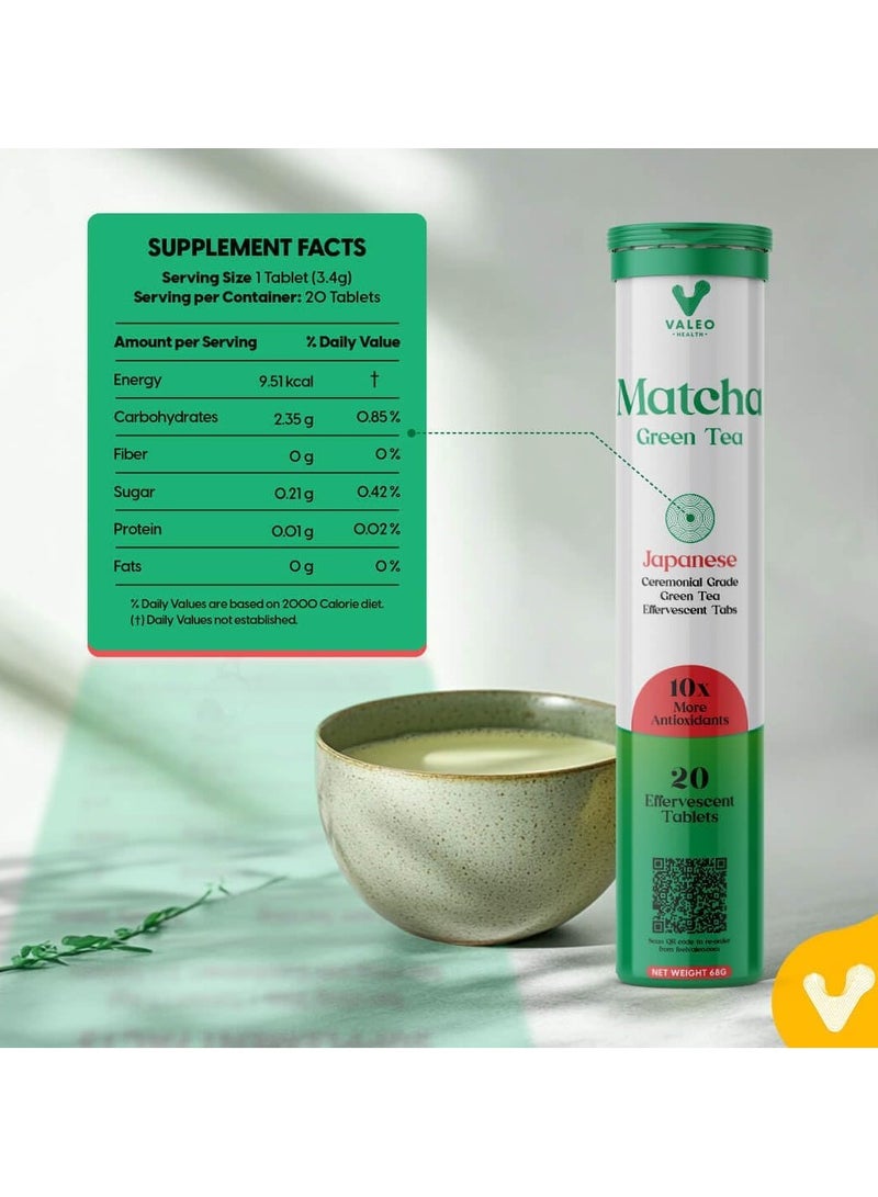 VALEO MATCHA GREEN TEA EFFERVESCENT TABS (20) |ORGANIC JAPANESE CEREMONIAL-GRADE MATCHA | INSTANT ENERGY BOOST, DETOX & GLOWING SKIN (100) - Image 3