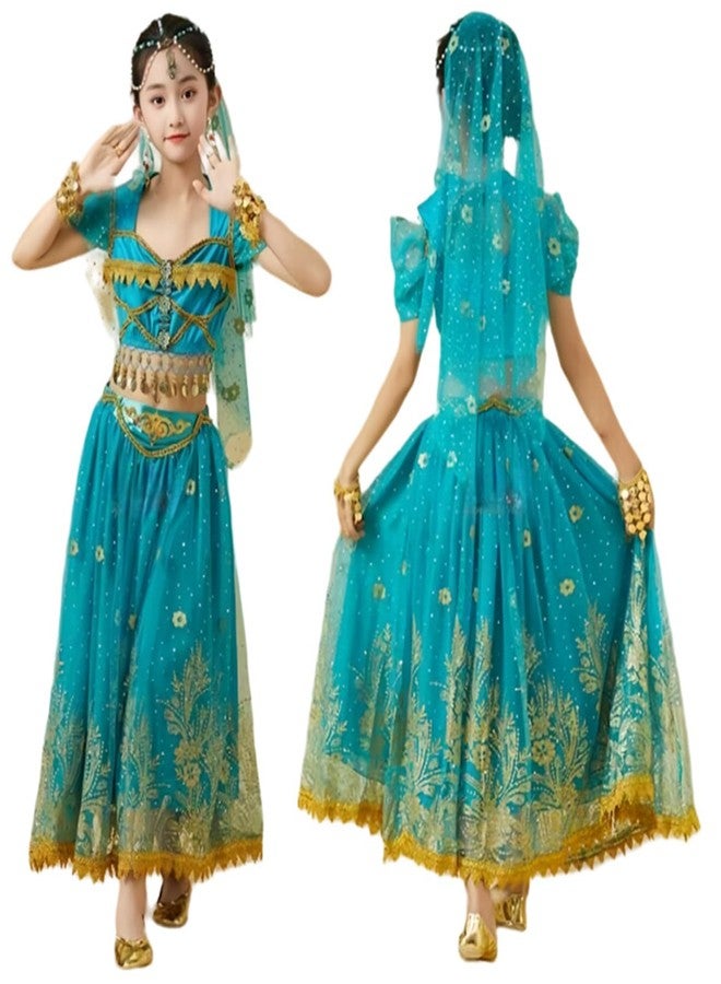 ORIDOOR Indoor Jasmine Costume Belly Dance Aladdin Halloween Princess Costume Girl Tag -140 A-Peacock Blue - Image 5