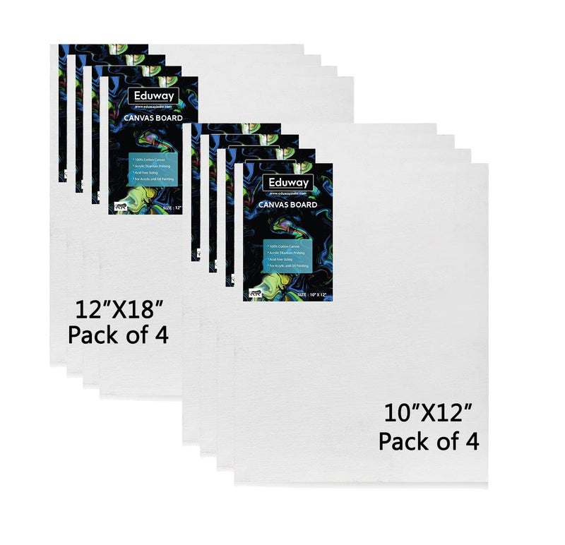 Eduway لوحة قماش Eduway® للرسم - (10X12 | 12X18) 4 قطع | جودة ممتازة 7 أونصات لوحة قماش قطنية مسبقة التحضير للفنانين والمبتدئين | مثالية للألوان الأكريليك والزيتية والغواش والألوان الباستيلية (عبوة من 8) (25x30، 30x45 سم). - Image 1