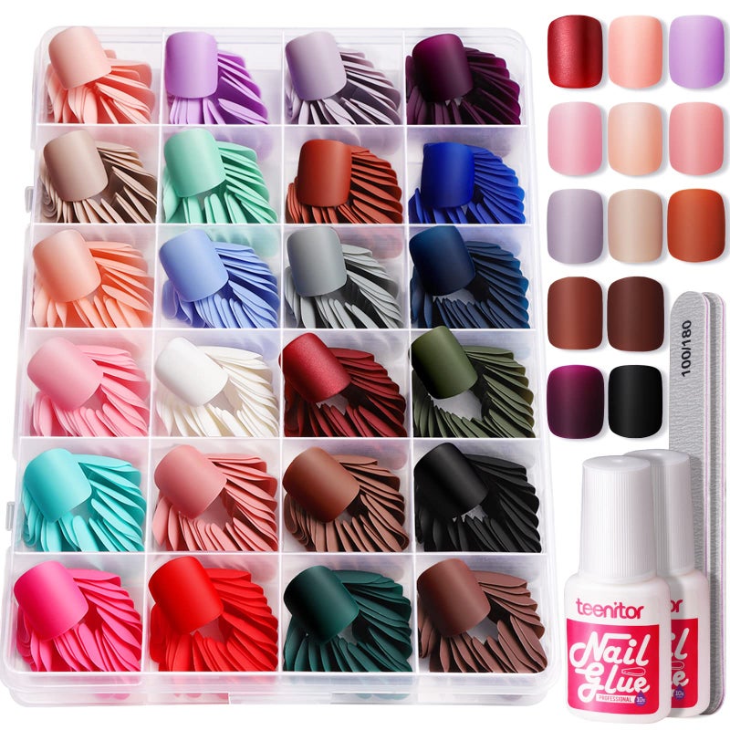 Teenitor Press on Nails Short576pcs Matte Square Short Fake Nails with Nail Glue Glue on Nails24 Colors