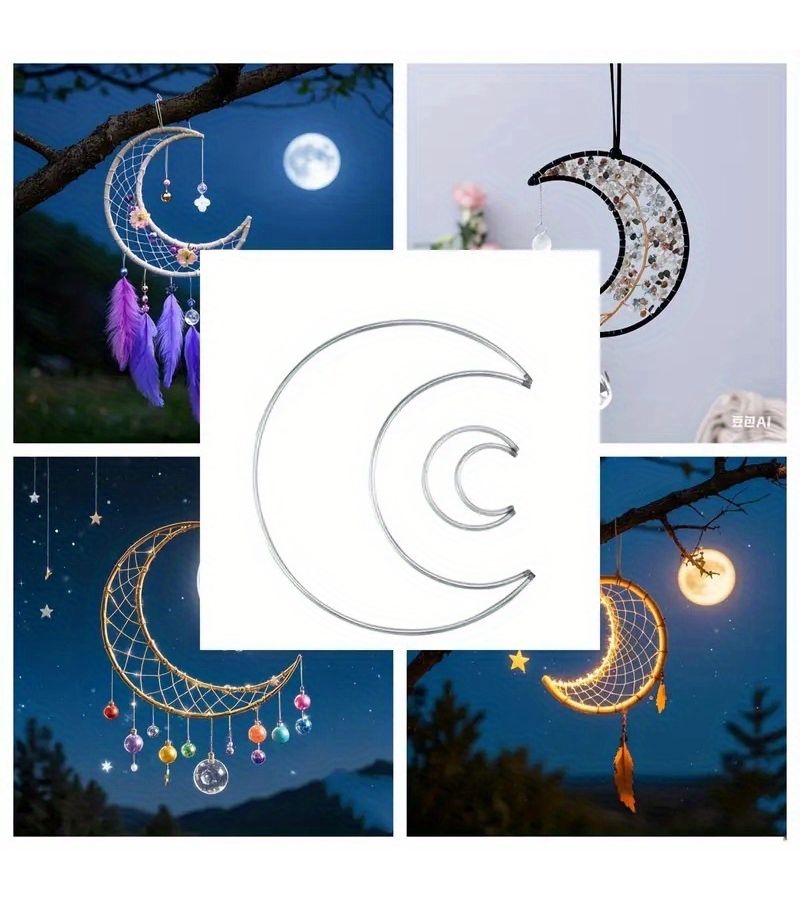 4pcs Pack Metallic Silver Half Crescent Moon Dreamcatcher Macrame Ring Hoop for DIY Craft - Image 1