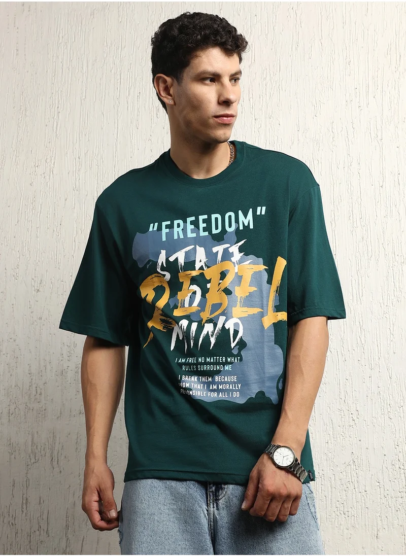 هوبرهولمي Men's Relaxed Fit Cotton Graphic T-shirt in Teal with Round Neck