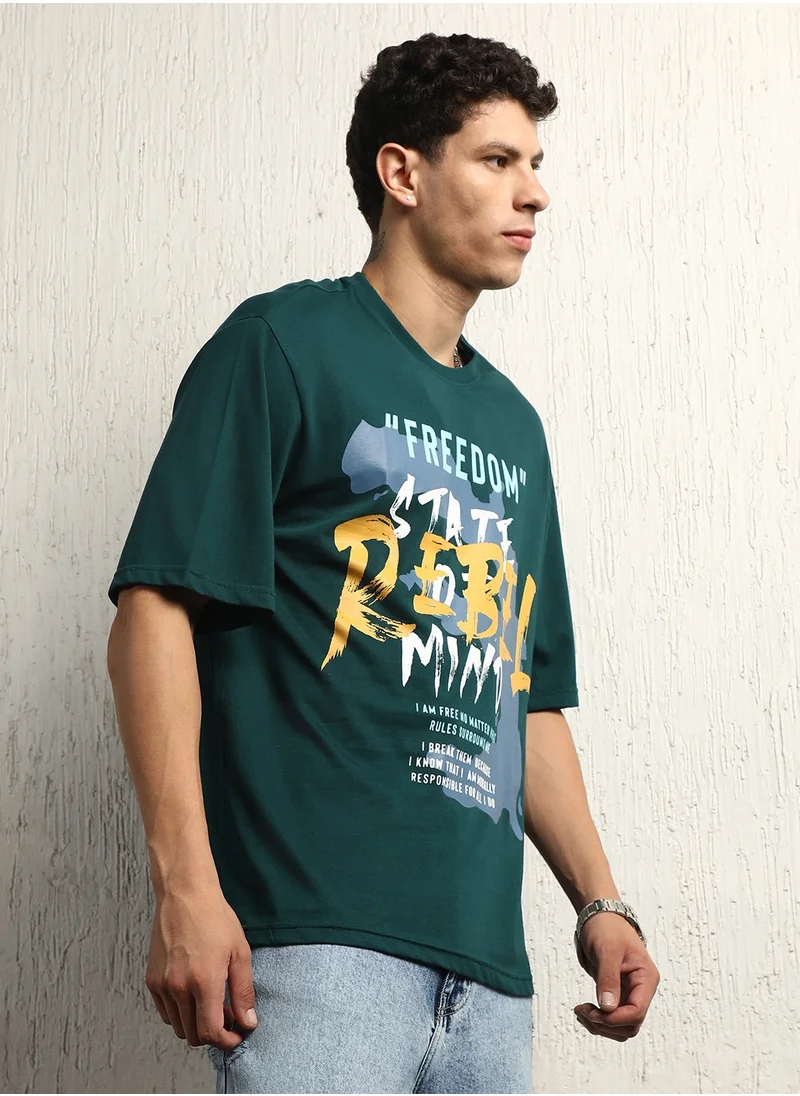 هوبرهولمي Men's Relaxed Fit Cotton Graphic T-shirt in Teal with Round Neck