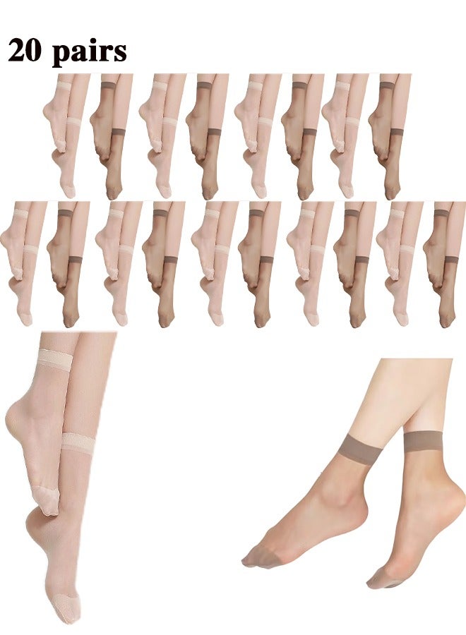 20 Pairs Sheer Ankle Socks Thin Nylon Transparent Ankle High Hosiery Socks Short Dress Stockings for Women Girls（Coffee color/skin colour)  - Image 1