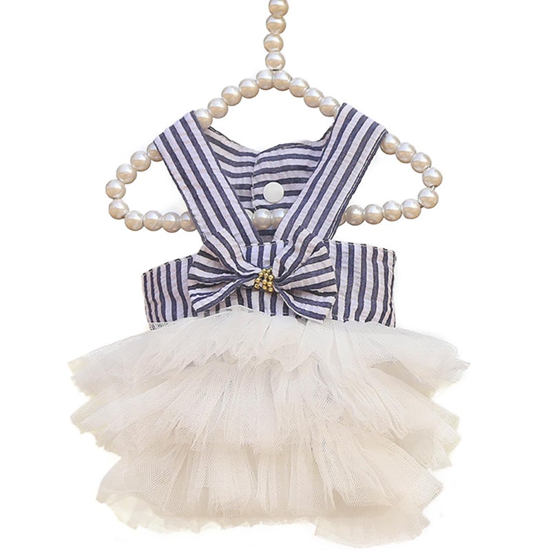 TAPBULL Dog Dresses, Fashion Pet Dog Clothes, Striped Mesh Puppy Dogs Princess Dresses (Blue, X-Small) - Image 1