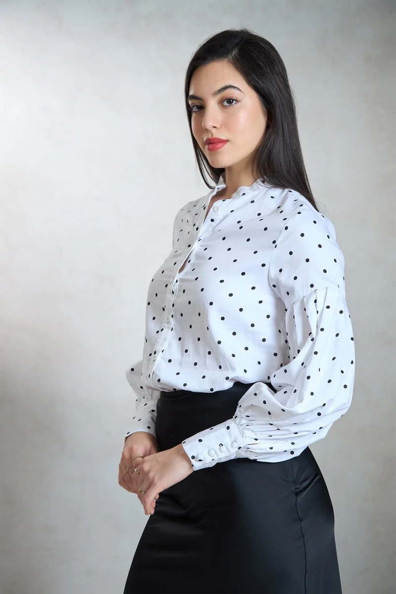 Virgio  Printed  Cotton Stretch Puff Sleeved Polka Top for Women for Women | Best Price UAE