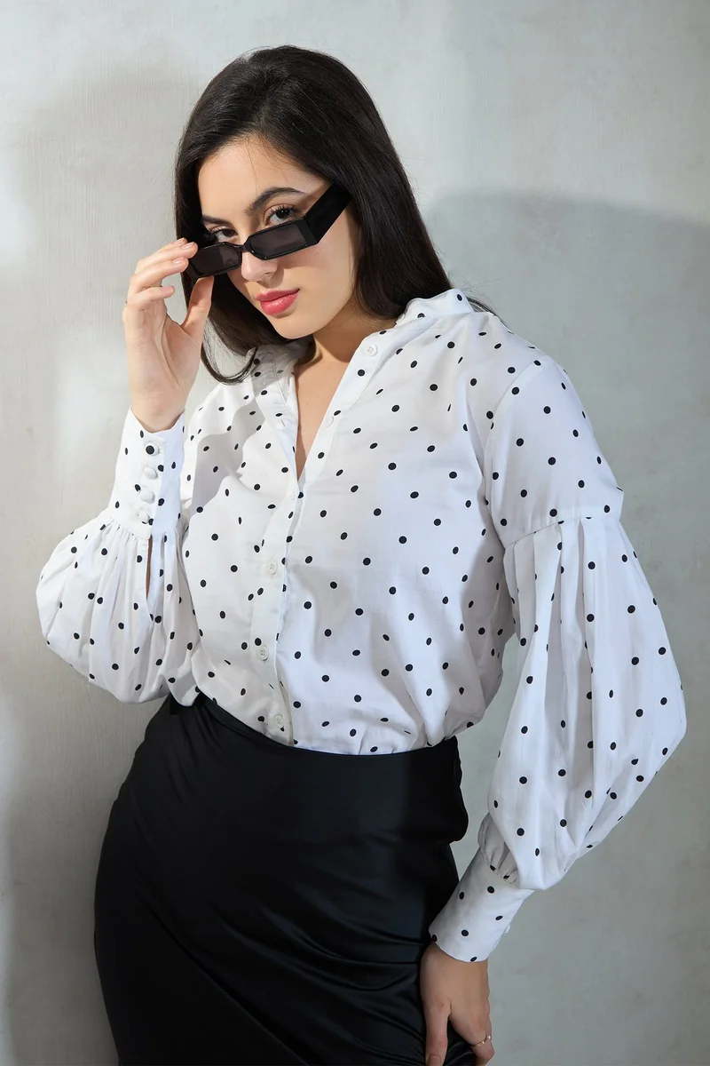 فيرجيو Printed  Cotton Stretch Puff Sleeved Polka Top for Women