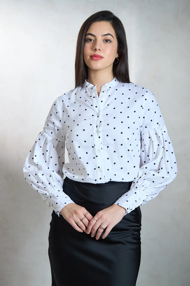 فيرجيو Printed  Cotton Stretch Puff Sleeved Polka Top for Women
